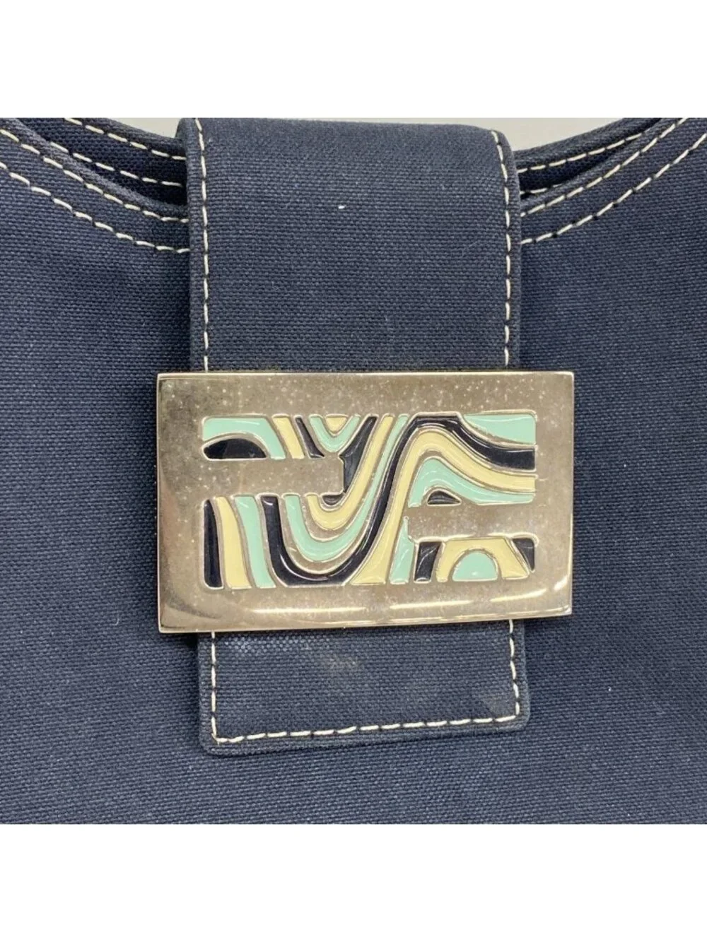 Fendi Handbag Canvas Navy Silver